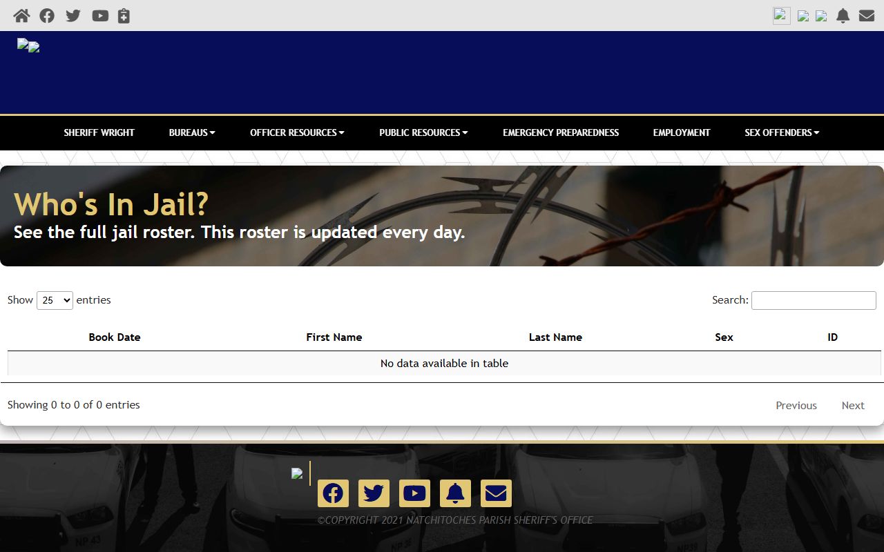 Natchitoches Parish inmate roster search table on the NPSO Who's In Jail page
